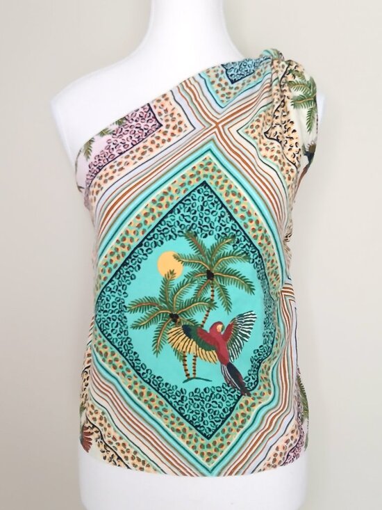 FARM Rio Tops - Farm Rio Nossa Selva (Our Jungle) One Shoulder Linen Blend Scarf Top Size Small